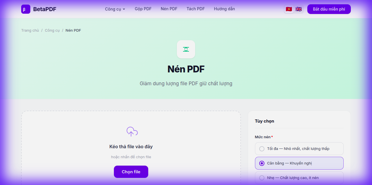 BetaPDF Compress PDF tool — upload area and compression options