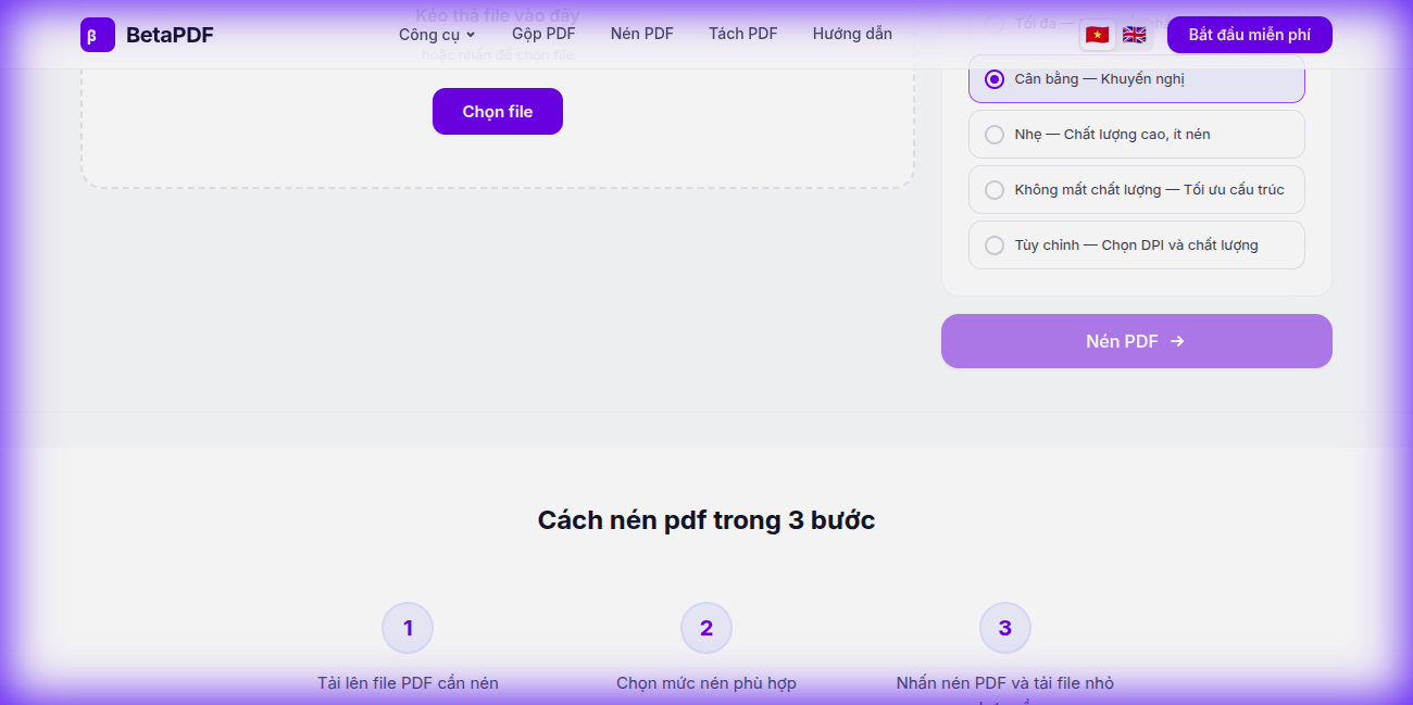 BetaPDF compression levels and Compress PDF button