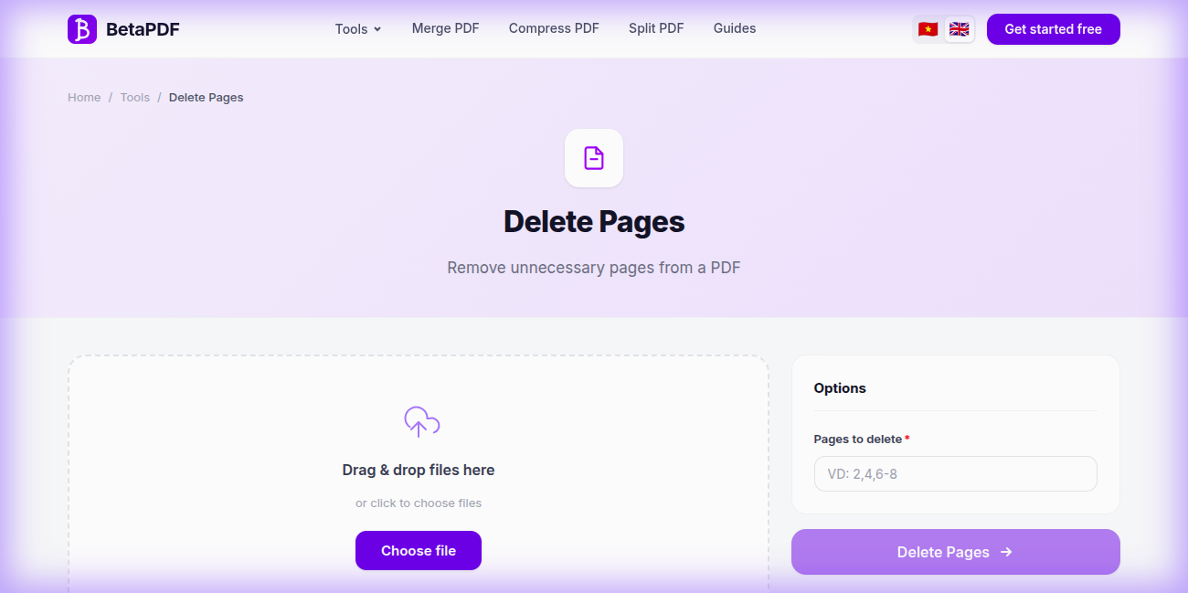 BetaPDF Delete PDF Pages tool — upload and select pages to remove