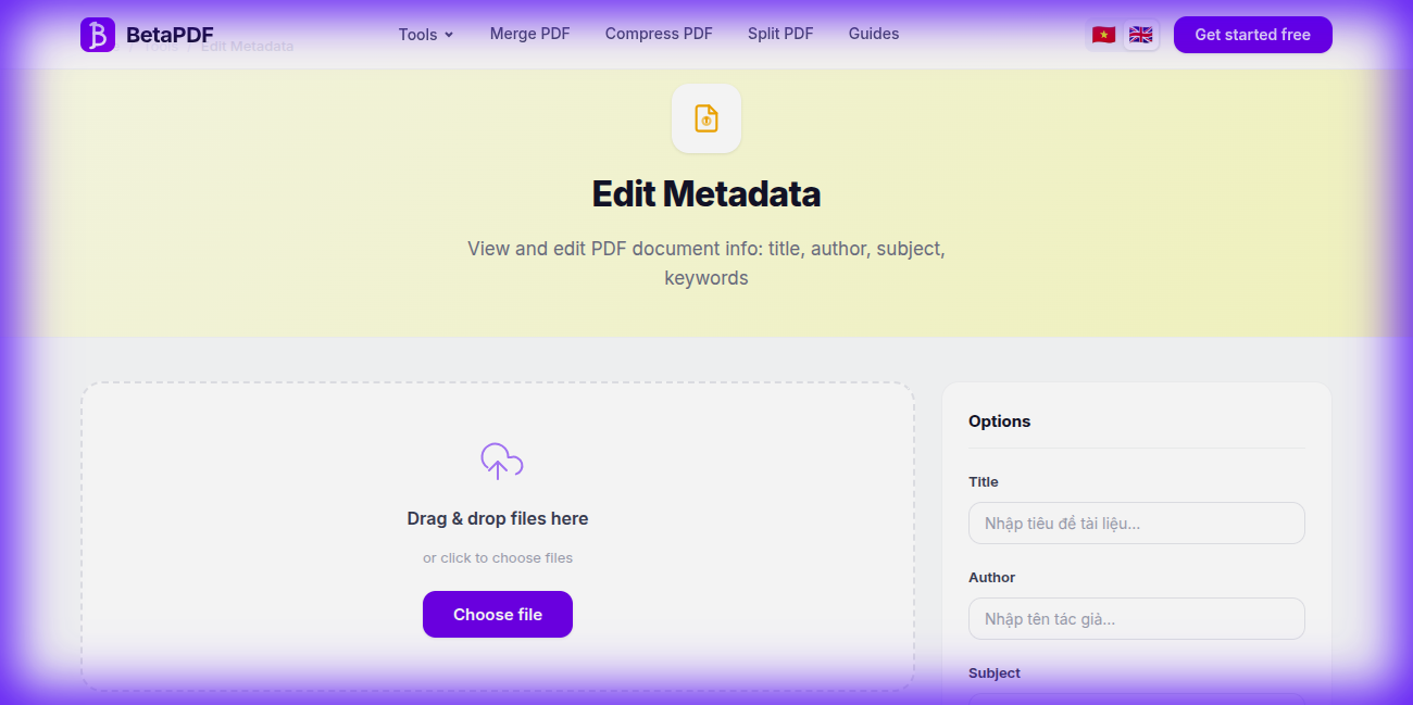 BetaPDF Edit PDF Metadata tool — metadata fields and update button