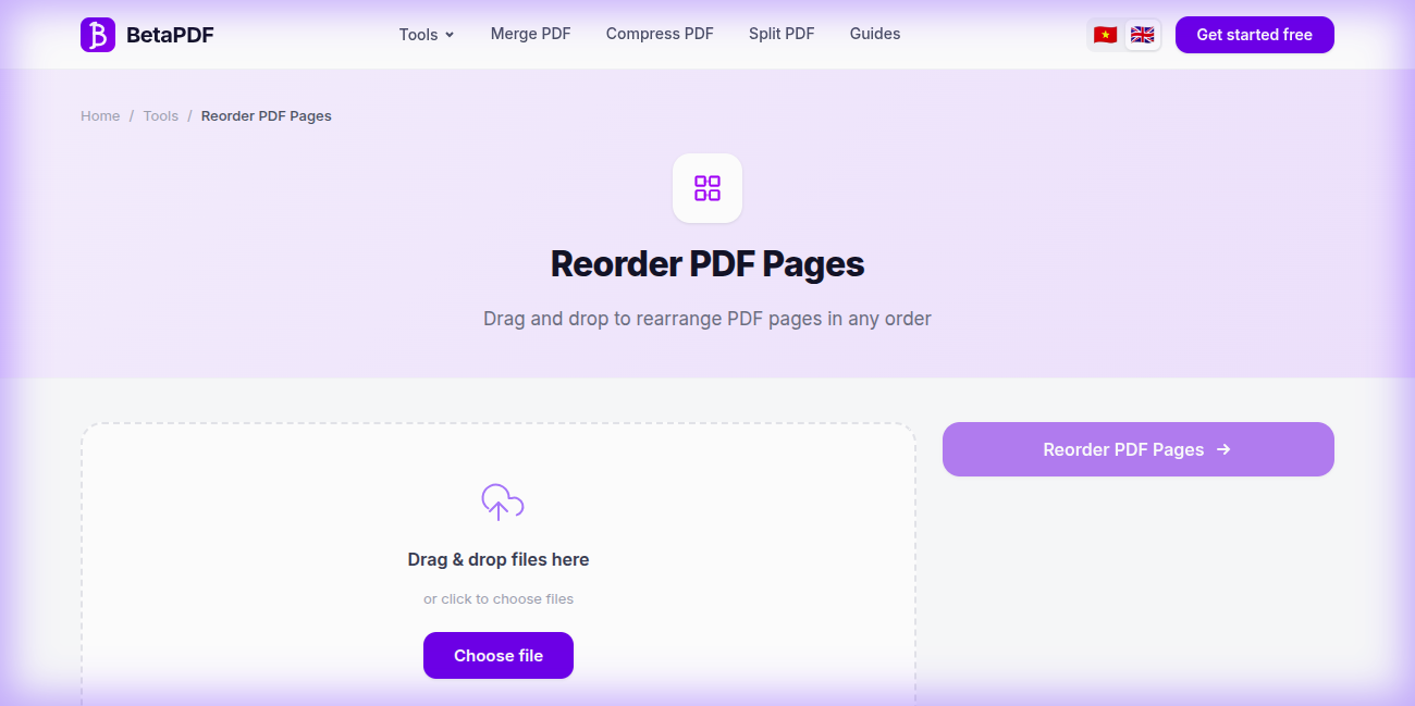 BetaPDF Reorder PDF Pages — drag and drop interface with page thumbnails