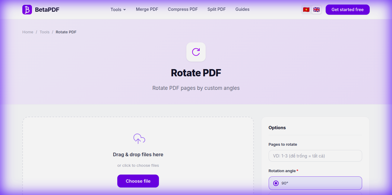 BetaPDF Rotate PDF tool — upload area and rotation options