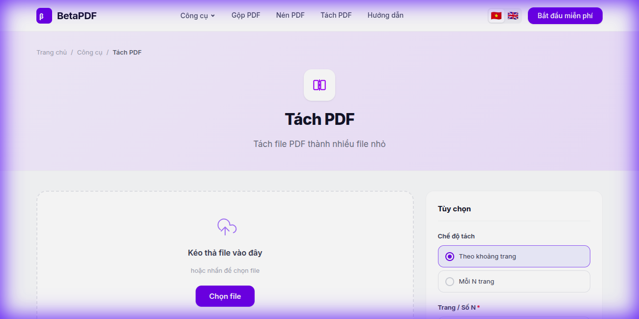 BetaPDF Split PDF tool — upload area and options panel with split modes