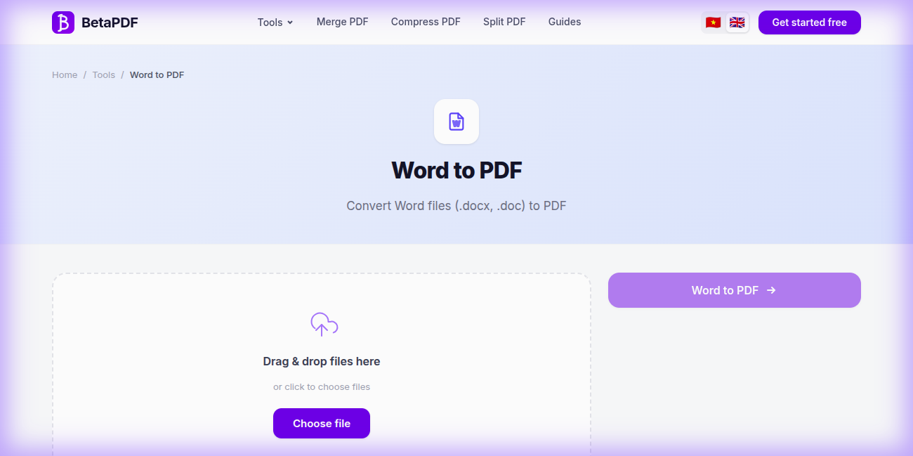 BetaPDF Word to PDF tool — upload Word file and convert